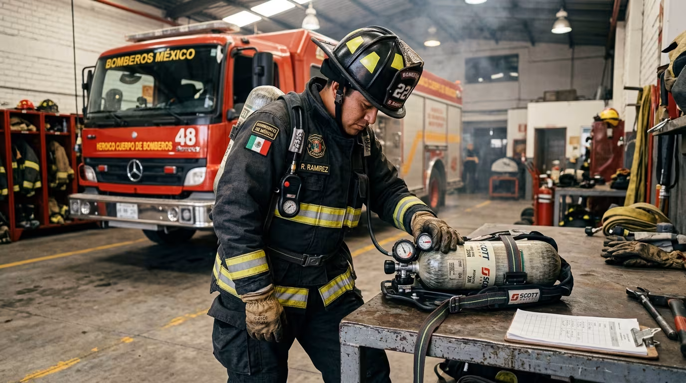 Bombero industrial con traje HAZMAT nivel A en planta petroquímica México