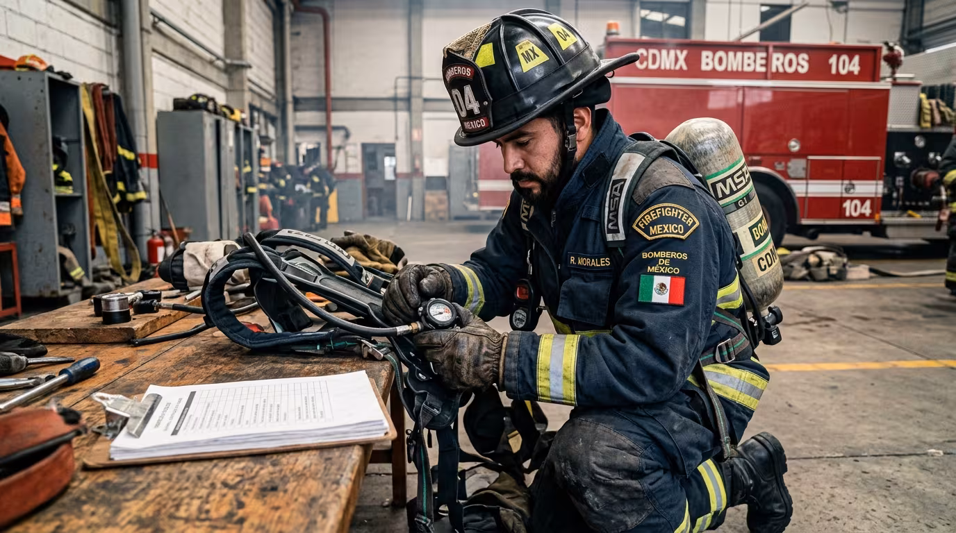 Bombero con equipo SCBA MSA G1 en intervención estructural