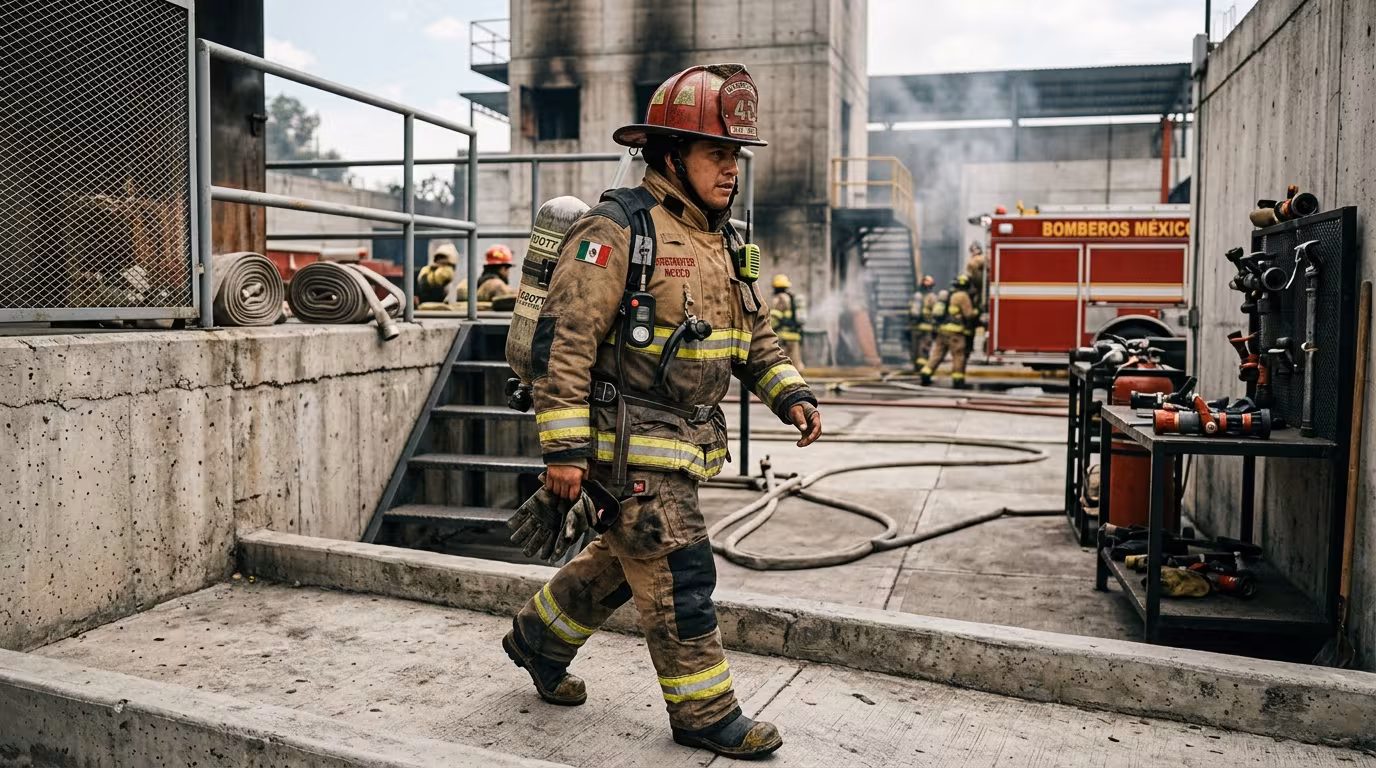Bombero forestal con traje certificado NFPA 1977 combatiendo incendio de vegetación
