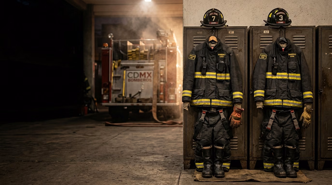 Equipo de protección estructural colgado en casilleros dentro de una estación de bomberos