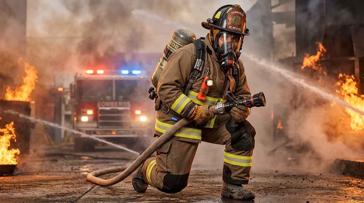Bombero arrodillado con manguera y SCBA en ataque ofensivo a incendio estructural con traje Femsa Govern
