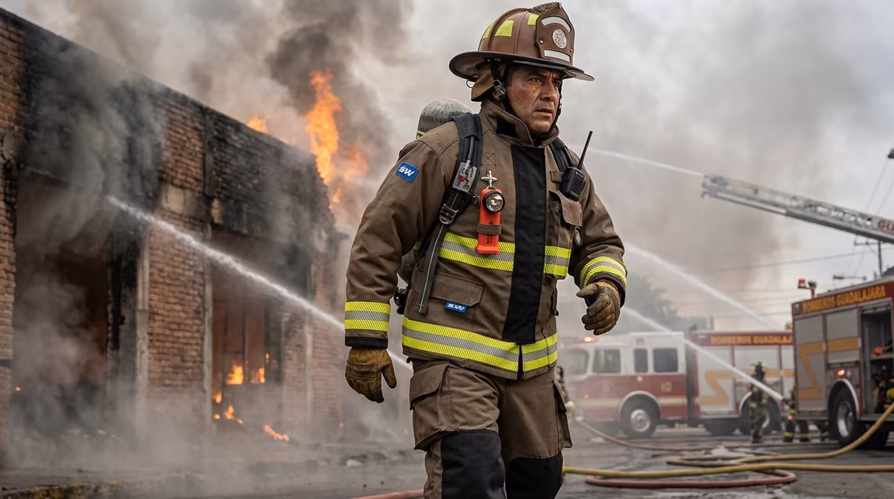 Bombero municipal mexicano con dotación Femsa Govern NFPA 1971-2018 UL Listed — escenario tipo de licitación pública estatal