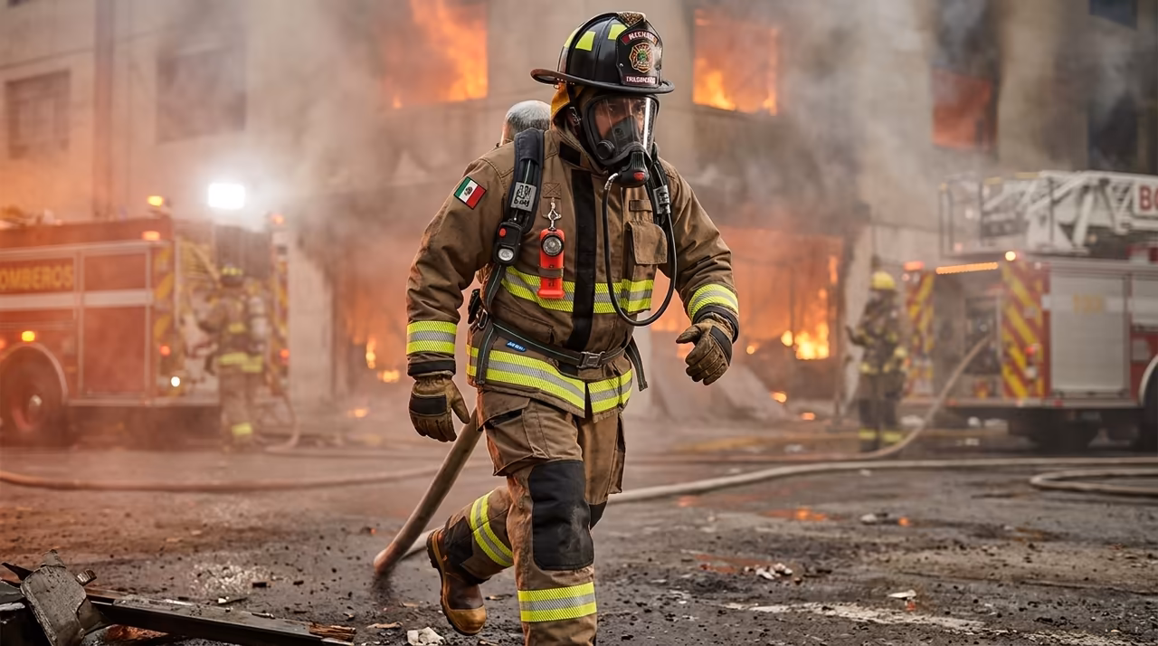 Bombero mexicano con traje estructural Femsa Govern NFPA 1971-2018 UL Listed — distribución autorizada con certificación verificable