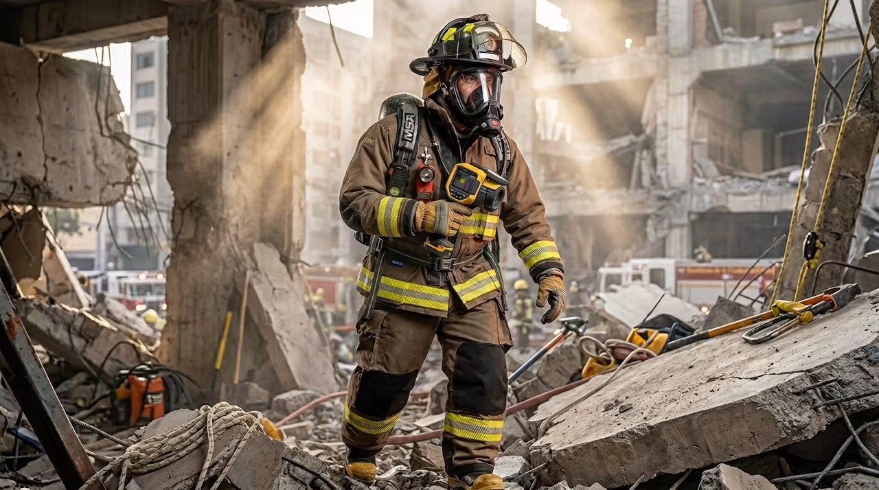 Bombero CDMX operando cámara termográfica TIC NFPA 1801 en colapso estructural — búsqueda de víctimas con escaneo térmico