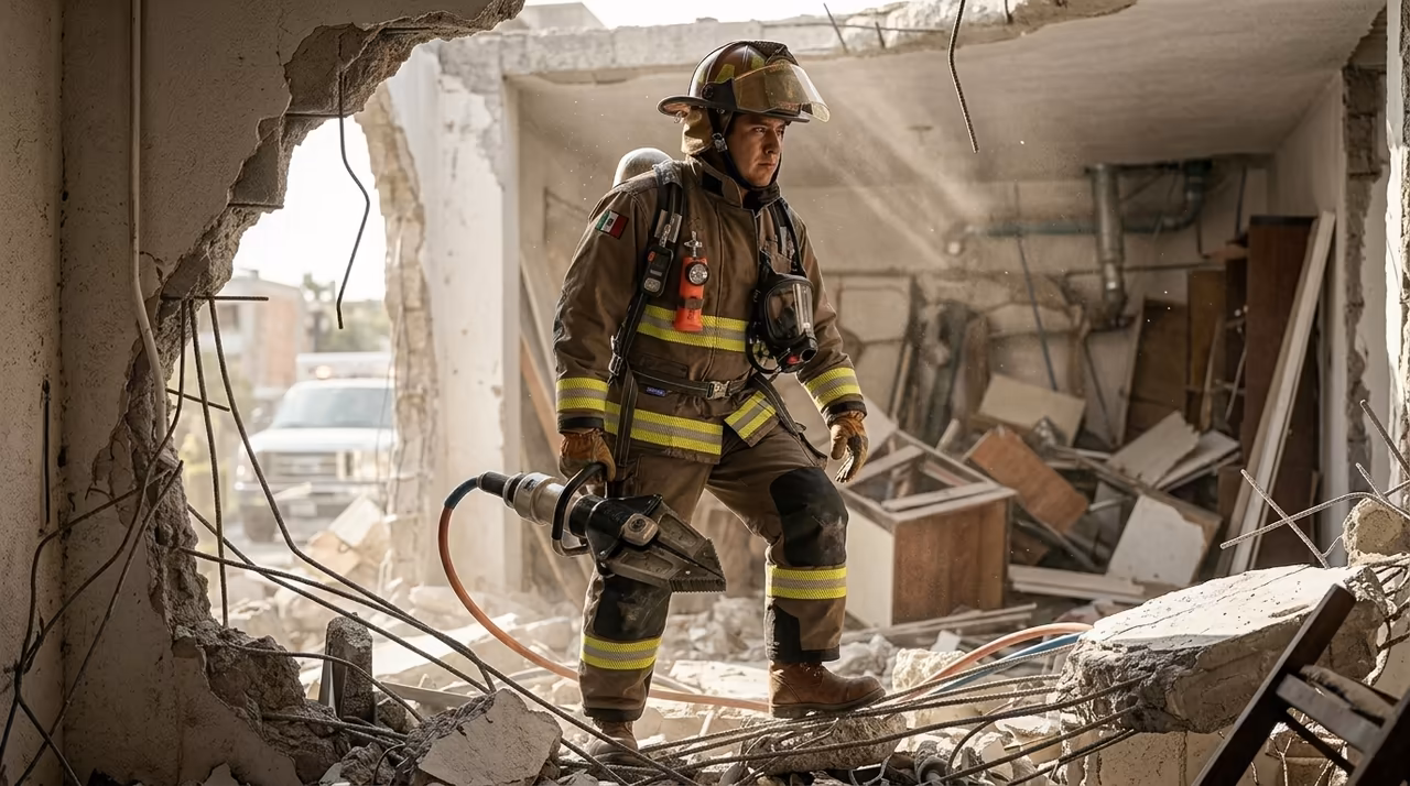 Bombero rescatista con traje Femsa Govern operando martillo eléctrico en rescate sobre estructura colapsada