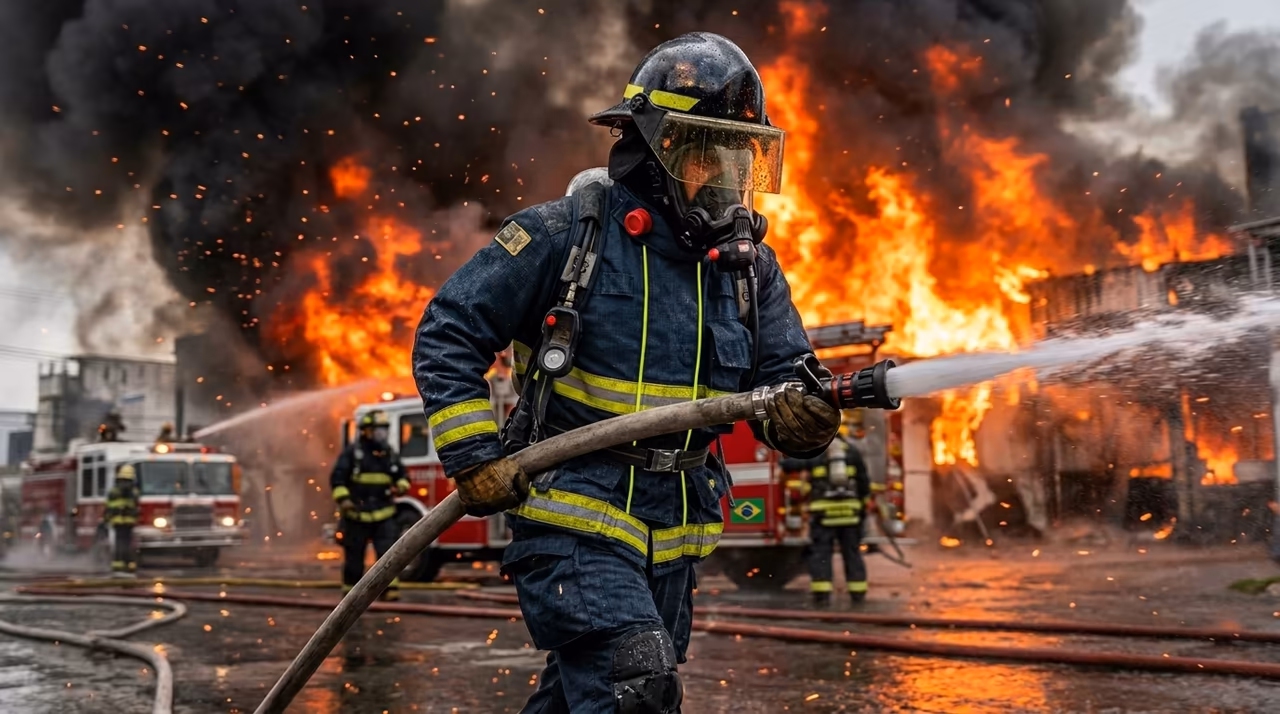 Bombero CDMX con SCBA en ataque ofensivo a incendio estructural — escenario tipo de capacitación SCBA / RIT