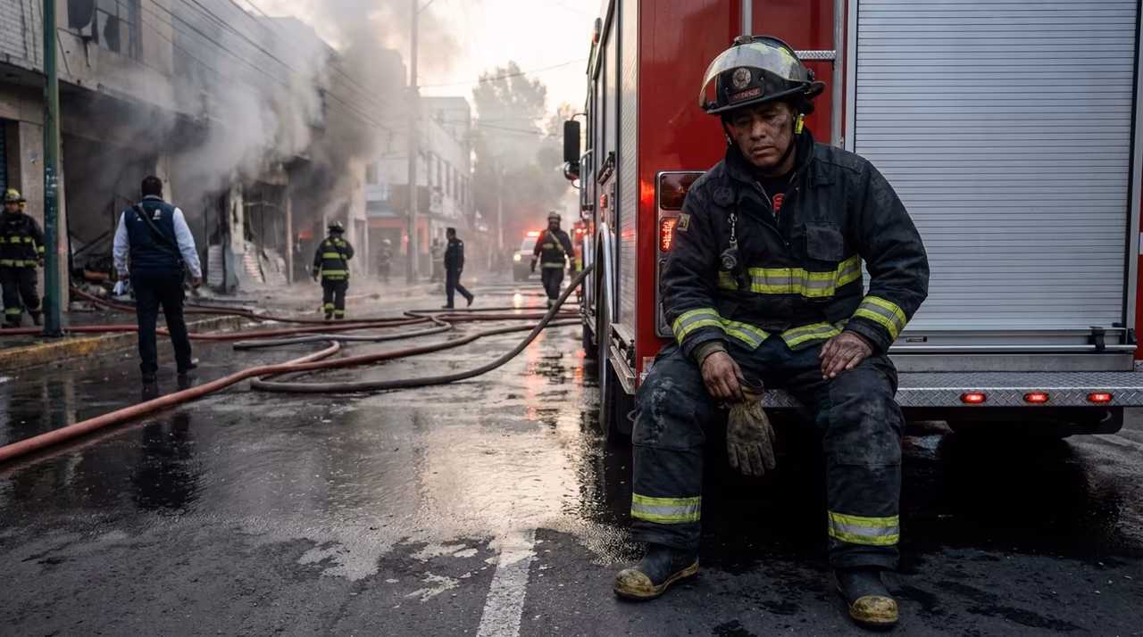 Bombero con traje estructural Globe ATHLETIX en escena urbana post-incendio amanecer con humo de fondo