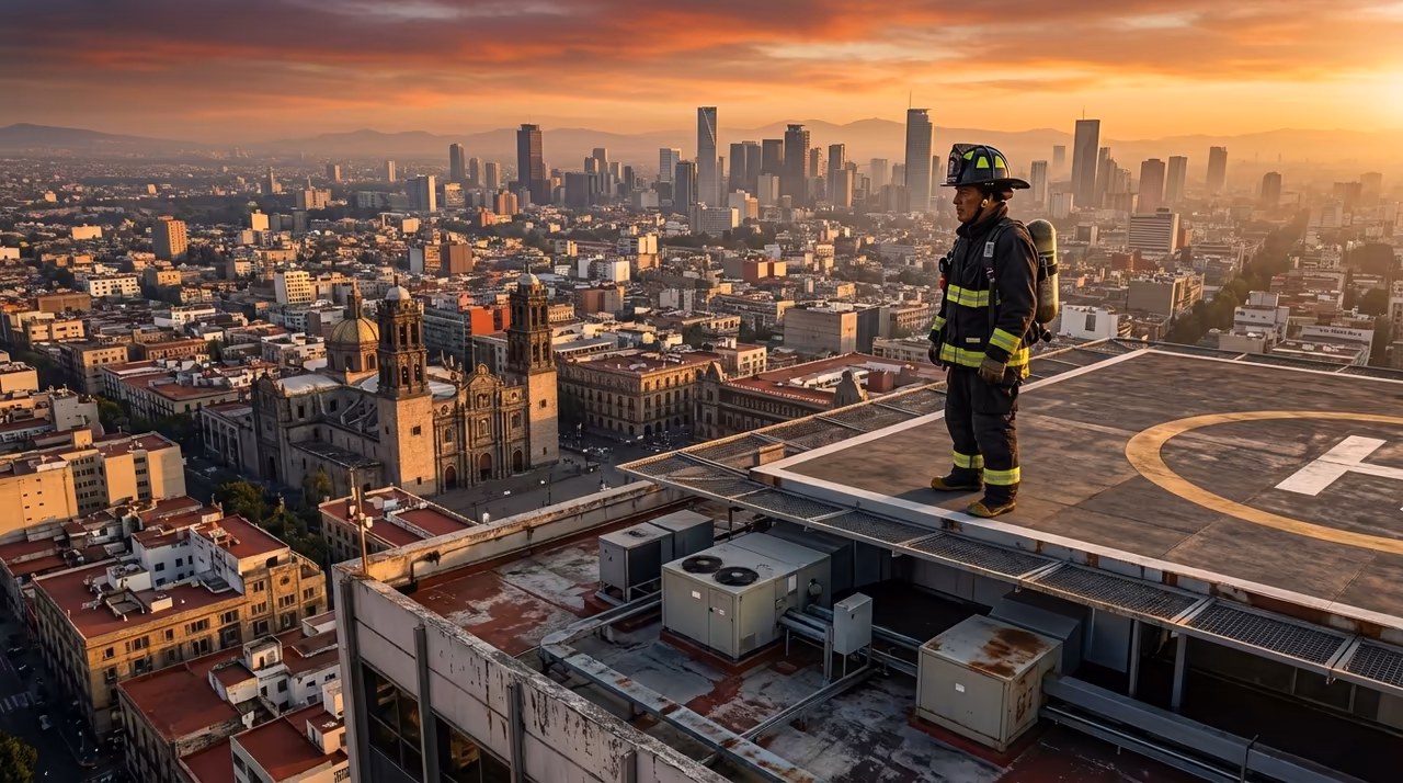 Bombero en helipuerto sobre Centro Histórico CDMX al amanecer — escenario tipo de operación en altura NFPA 1983