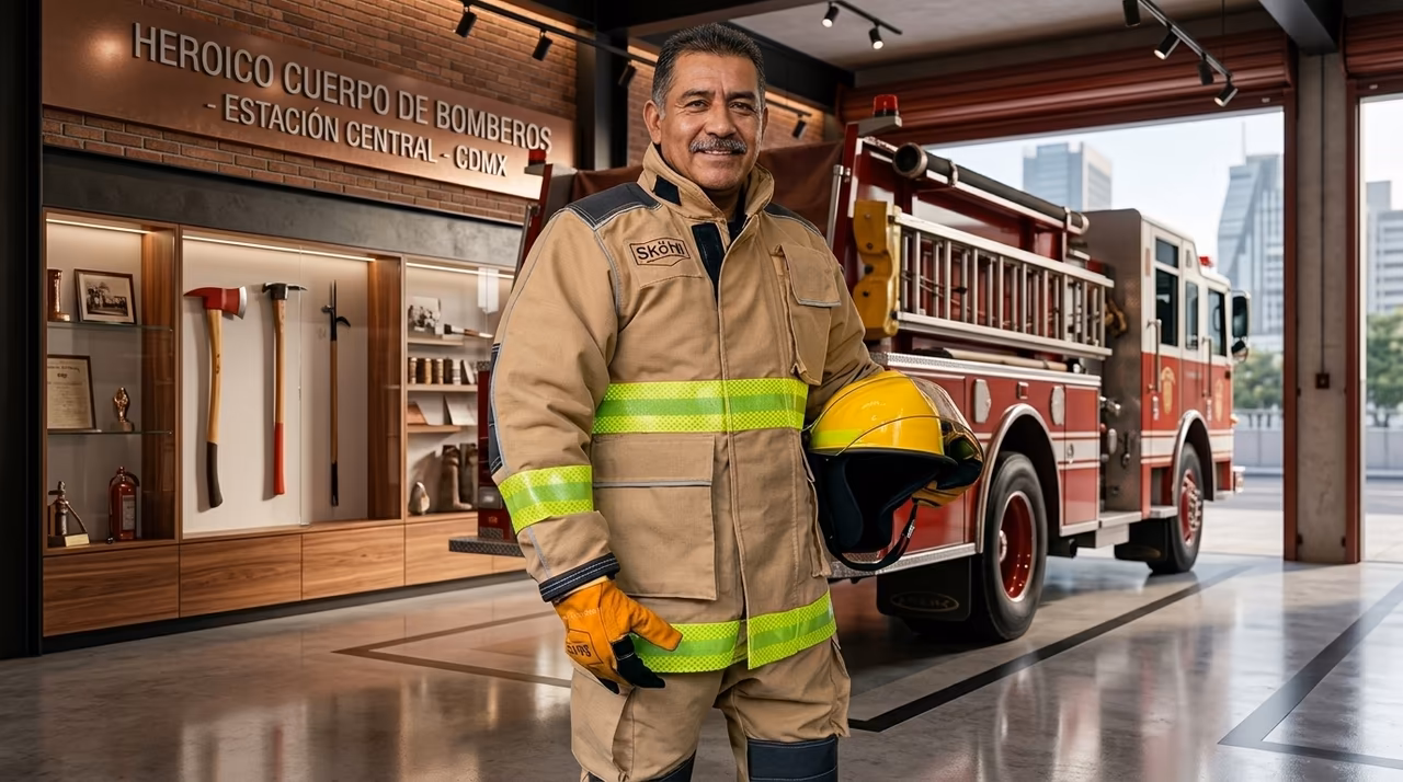 Bombero mexicano con traje estructural certificado NFPA 1971-2018 UL Listed — modelo SKÖLD Hero del catálogo nacional
