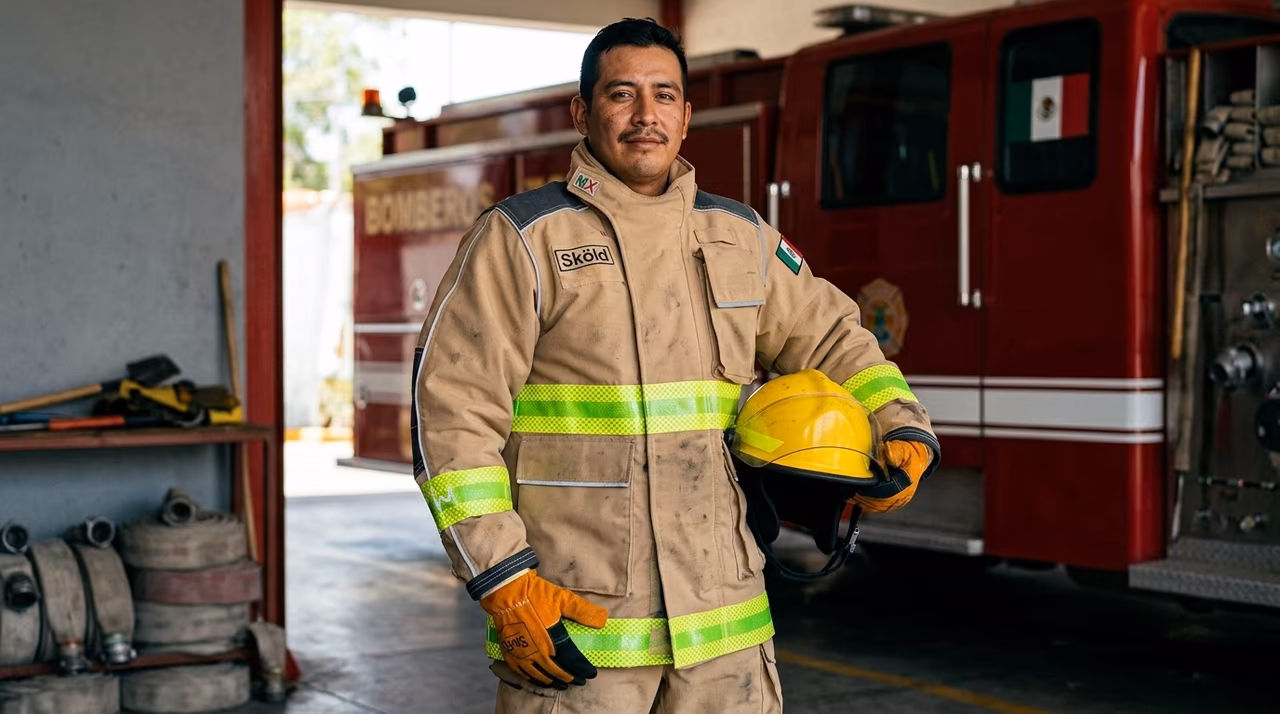 Traje estructural NFPA 1971-2018 institucional con parche bandera de México — referencia para comparar con traje forestal e industrial