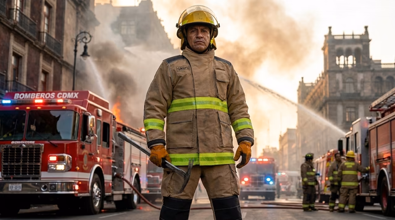Bombero mexicano portando traje estructural SKÖLD Hero NFPA 1971-2018 en operativo en Zócalo CDMX