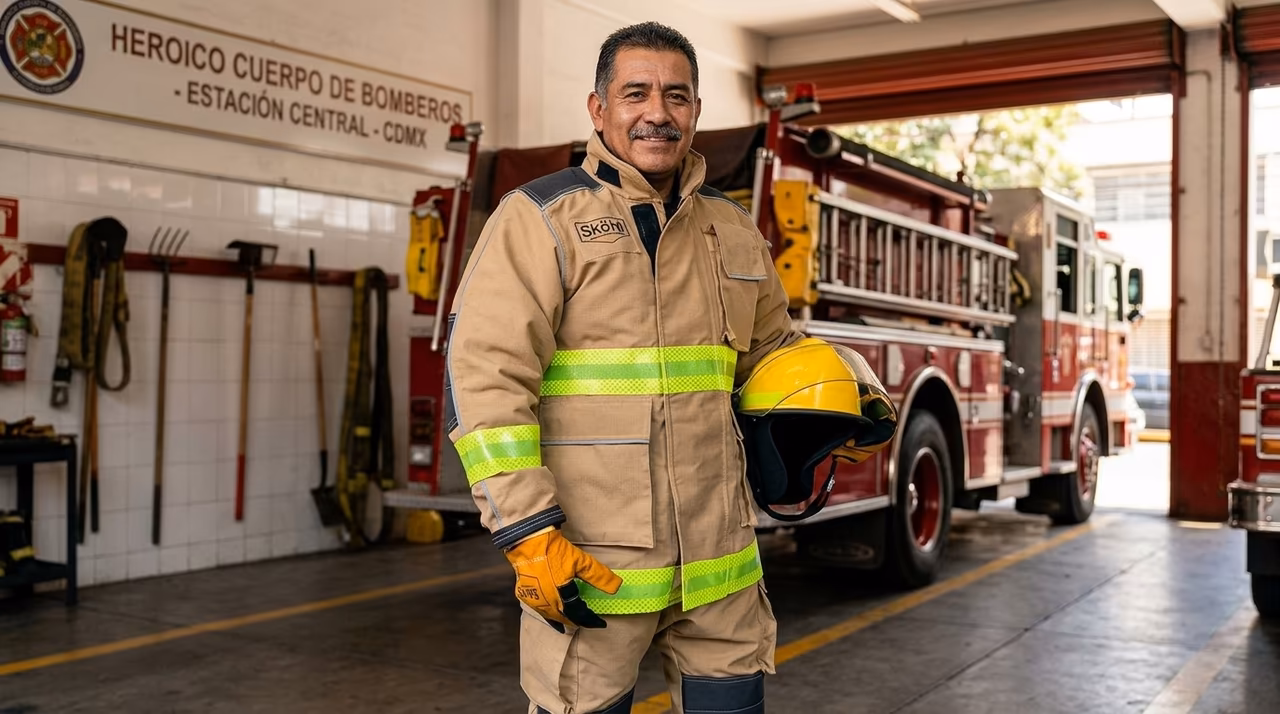 Tejido exterior PBI MAX 205 g/m² del traje estructural SKÖLD Hero portado por bombero veterano CDMX — NFPA 1971-2018