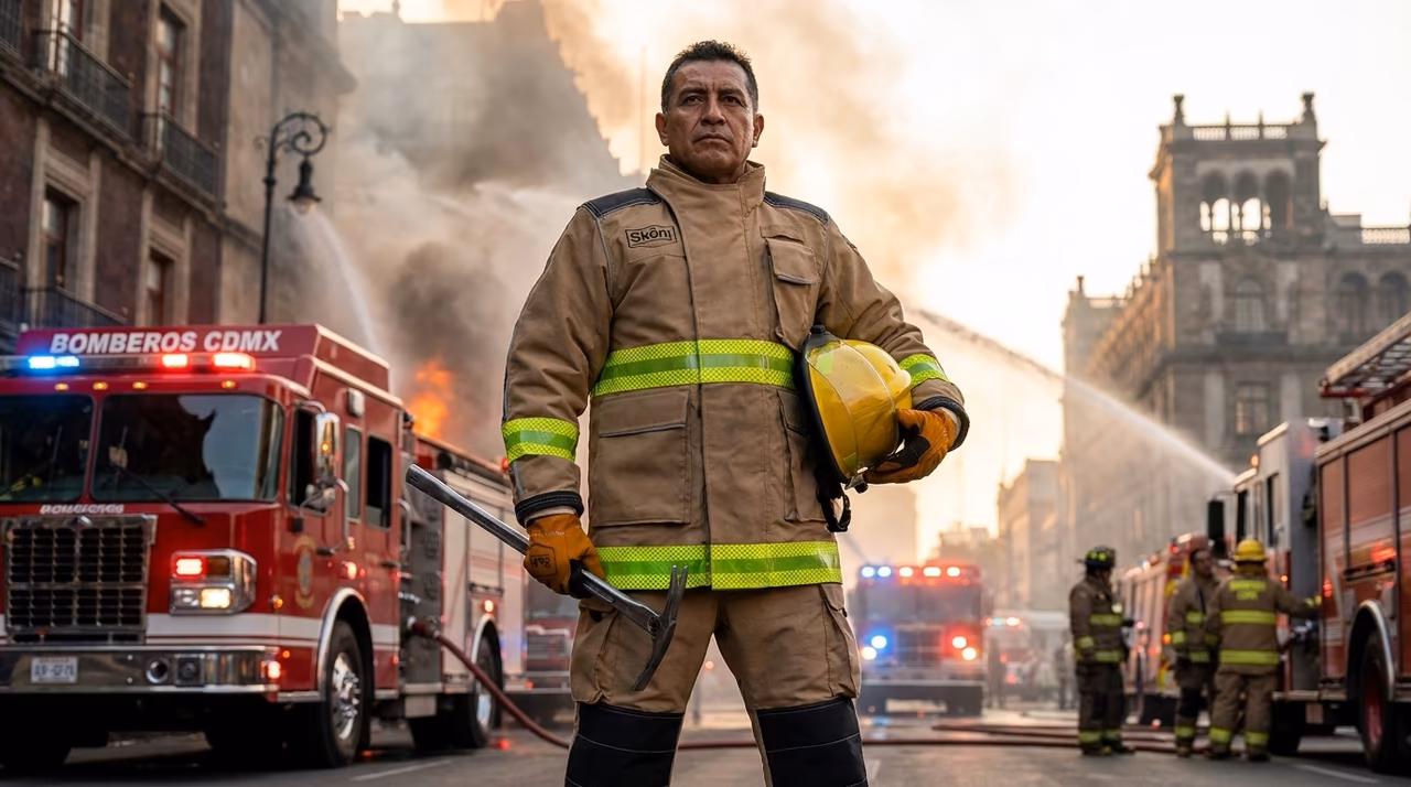 Bombero CDMX con traje estructural SKÖLD Hero frente a unidad Bomberos CDMX en operativo en el Zócalo