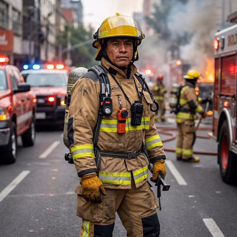 Equipo bombero estructural SKÖLD Hero — vista cuadrada con SCBA en respuesta urbana CDMX