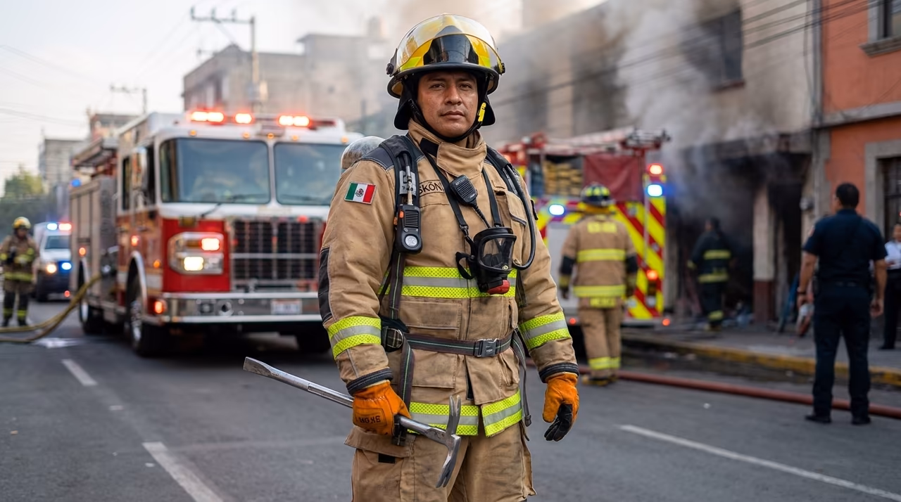 Bombero mexicano con barra Halligan y traje estructural SKÖLD Hero en ataque a incendio estructural