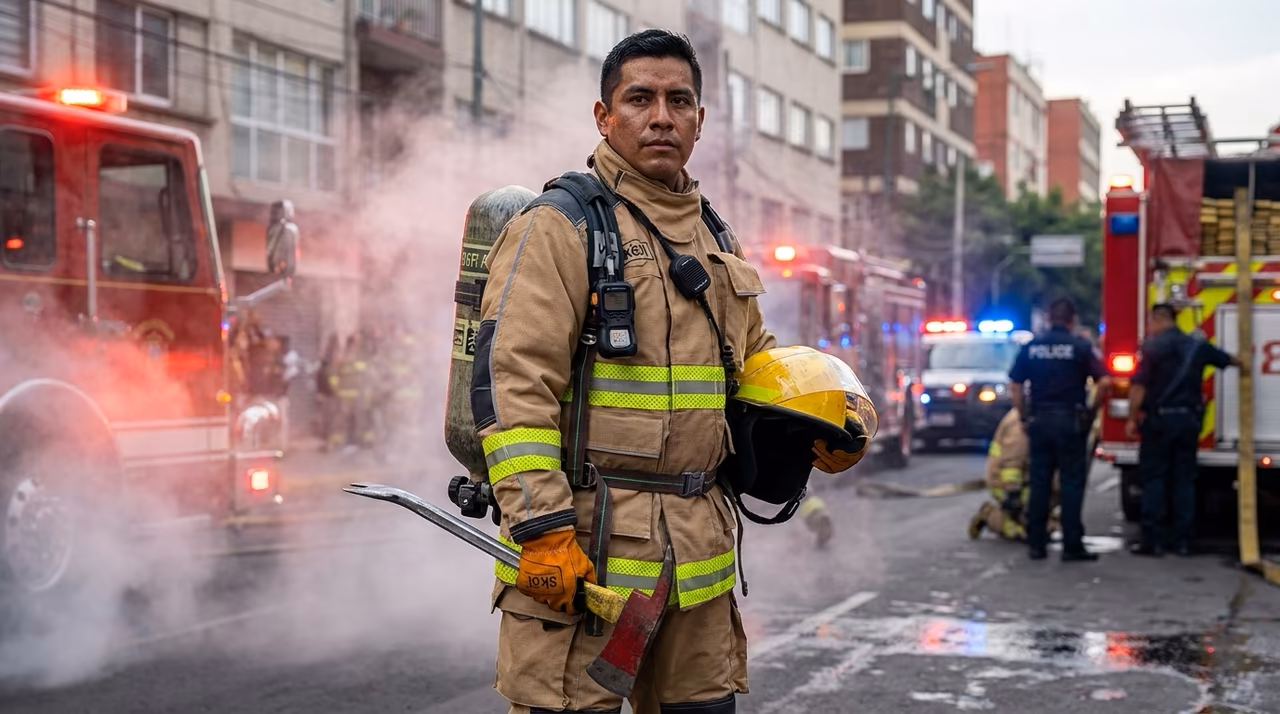 DRD Drag Rescue Device integrado en traje estructural SKÖLD Hero NFPA 1971-2018 — escena de rescate urbano post-incendio CDMX