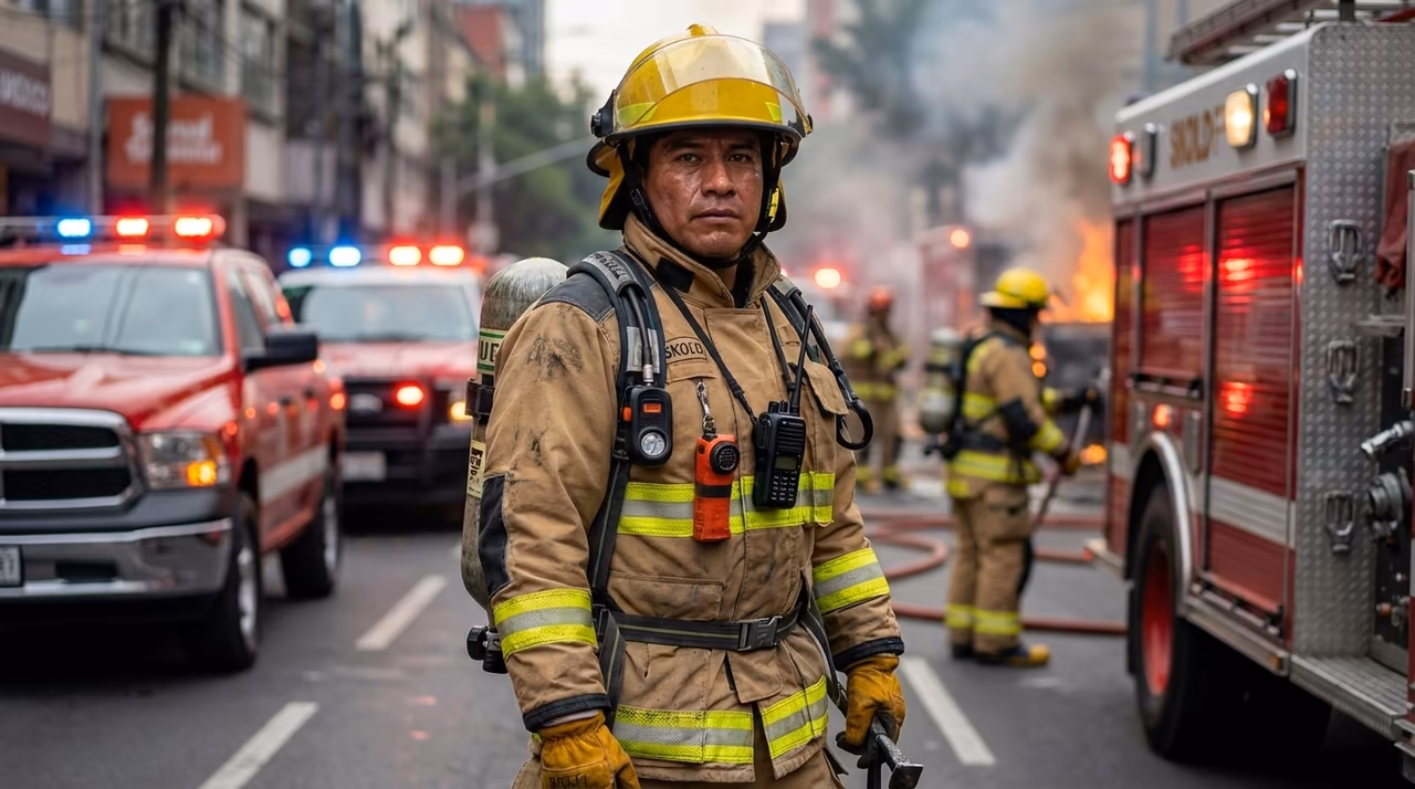 Traje estructural SKÖLD Hero con SCBA y radio en respuesta urbana a incendio estructural en CDMX